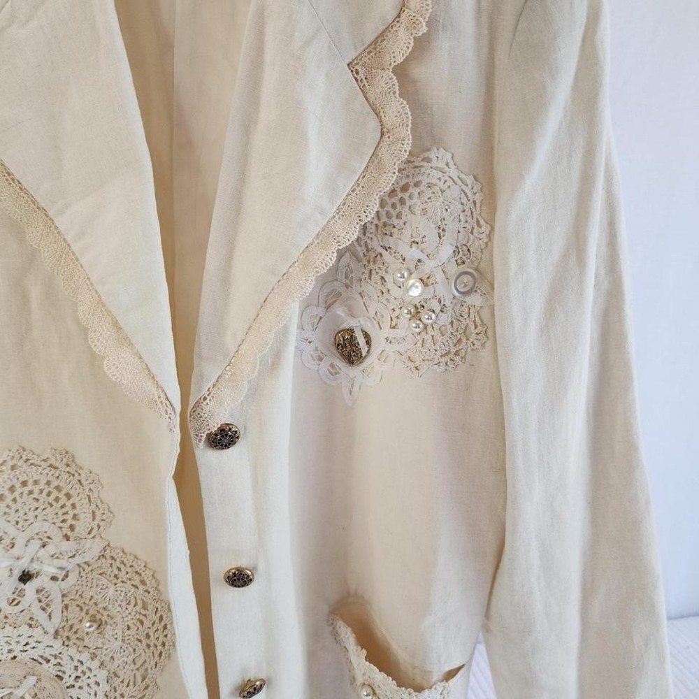 Vintage Applique Blazer Cream Beige Buttoned Career Jacket 80's L - Picture 2 of 6